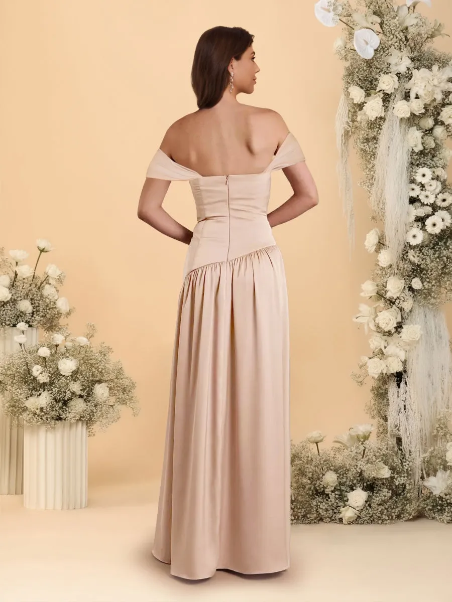A-Line/Princess Off-the-Shoulder Ruched Long Bridesmaid Dresses With Side Slit & Pleats sold by Lavetir product image thumbnail 2