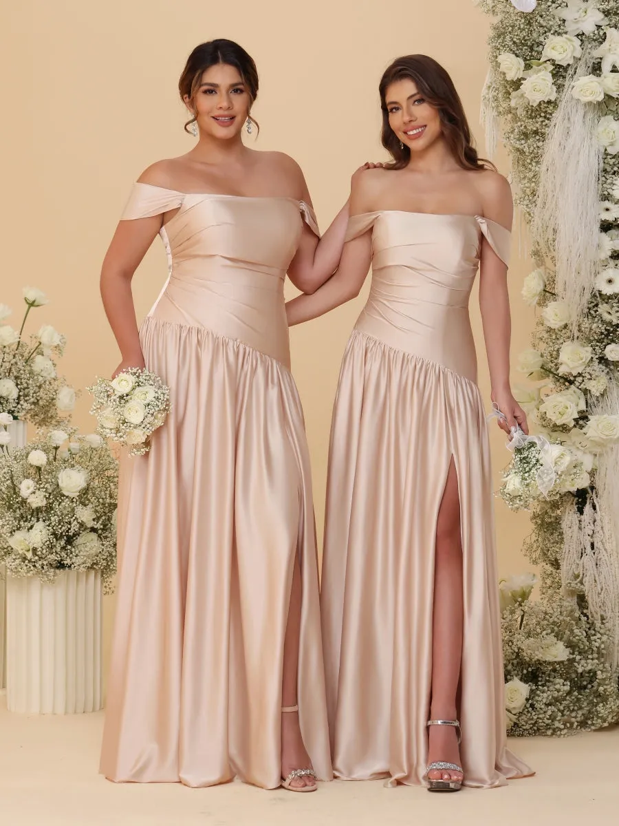 A-Line/Princess Off-the-Shoulder Ruched Long Bridesmaid Dresses With Side Slit & Pleats sold by Lavetir