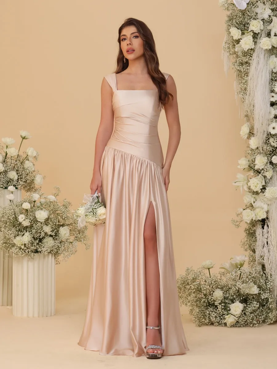 A-Line/Princess Off-the-Shoulder Ruched Long Bridesmaid Dresses With Side Slit & Pleats sold by Lavetir product image thumbnail 4