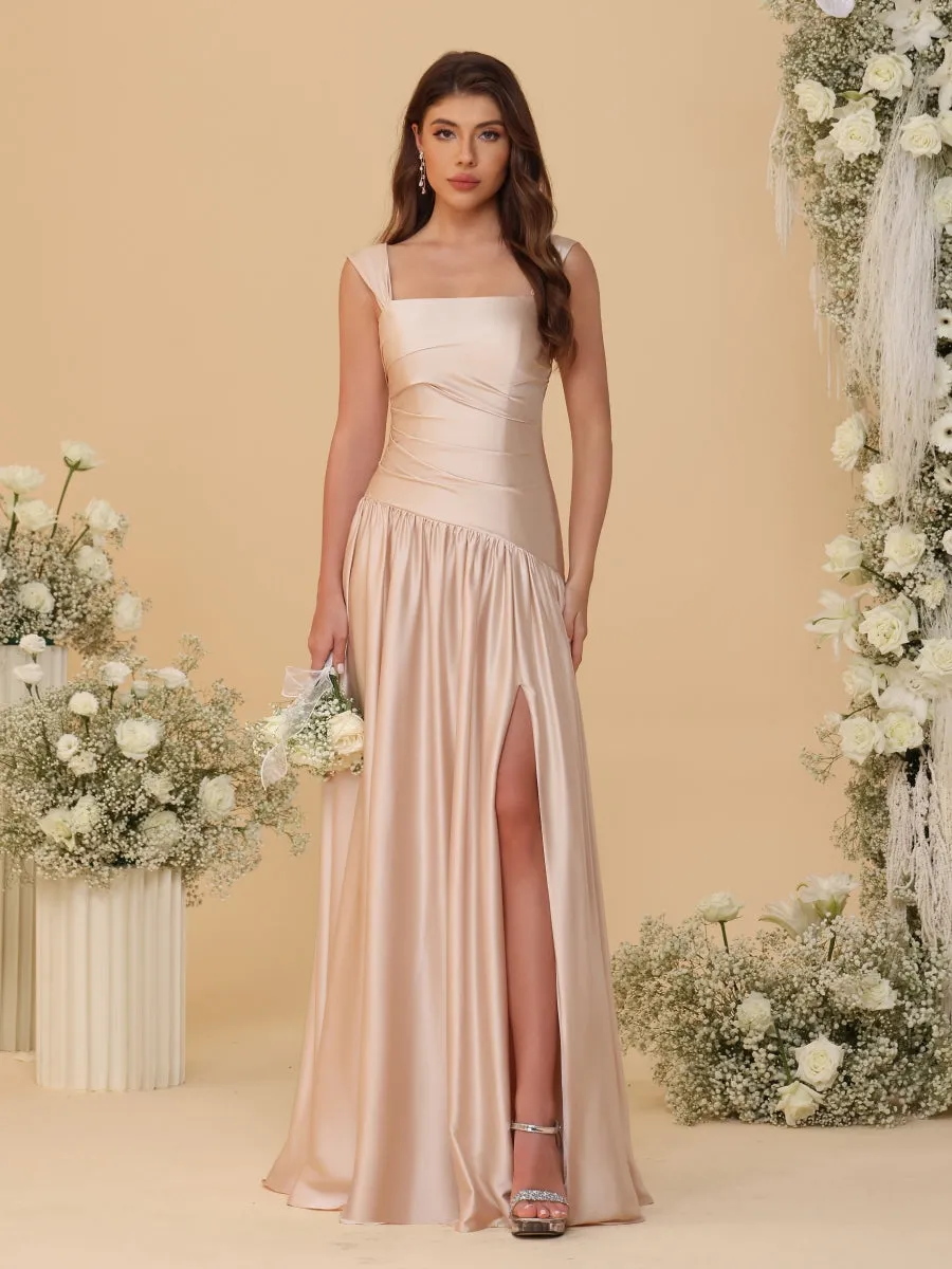 A-Line/Princess Off-the-Shoulder Ruched Long Bridesmaid Dresses With Side Slit & Pleats sold by Lavetir product image thumbnail 3