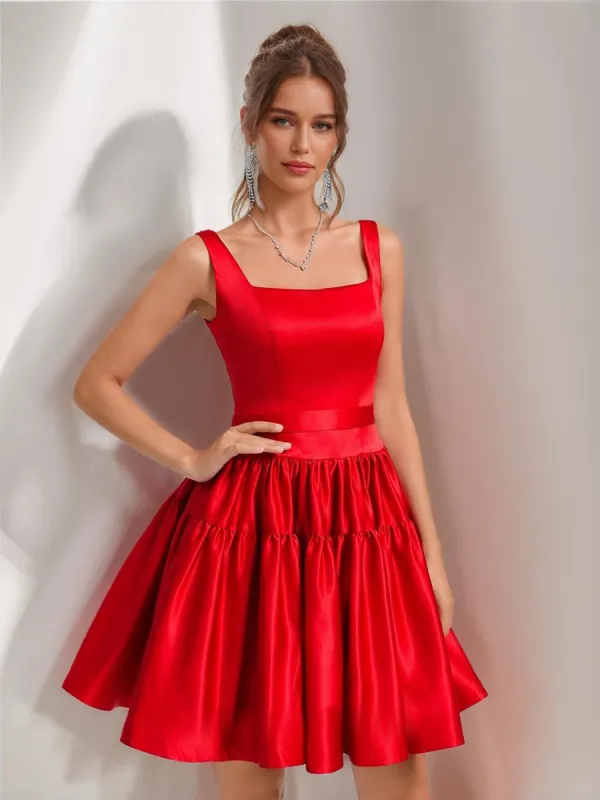 Ball Gown Square Neck Satin Short Homecoming Dresses with Pleats sold by Lavetir