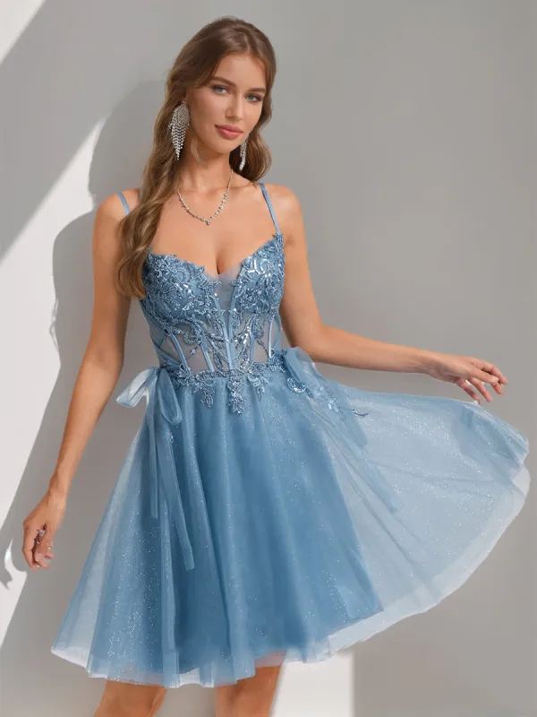 A-Line Spaghetti Straps Short/Mini Sweet Homecoming Dresses with Appliques sold by Lavetir