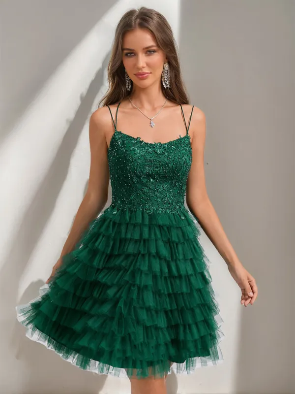 Ball Gown Spaghetti Straps Sequined Short Homecoming Dresses with Beadings & Appliques sold by Lavetir