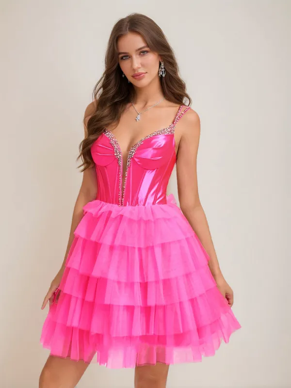 Ball Gown V-Neck Sleeveless Short Homecoming Dresses with Tiered Ruffles & Rhinestones sold by Lavetir