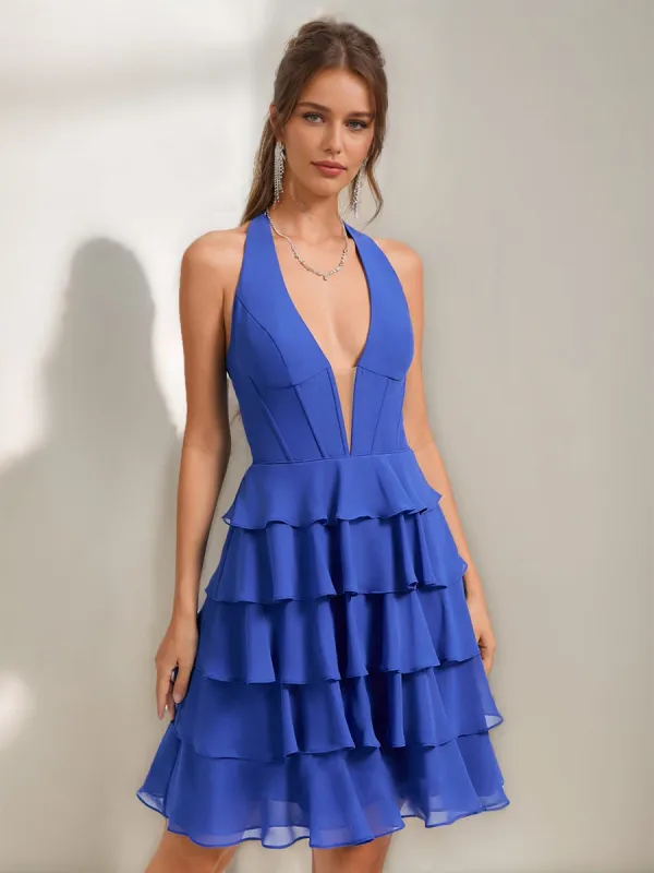 A-Line/Princess Halter Sleeveless Tiered Short Homecoming Dresses with Ruffles sold by Lavetir