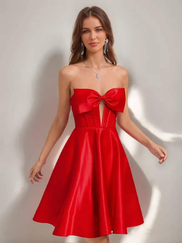 A-Line/Princess Sweetheart Satin Short/Mini Homecoming Dresses with Bow sold by Lavetir