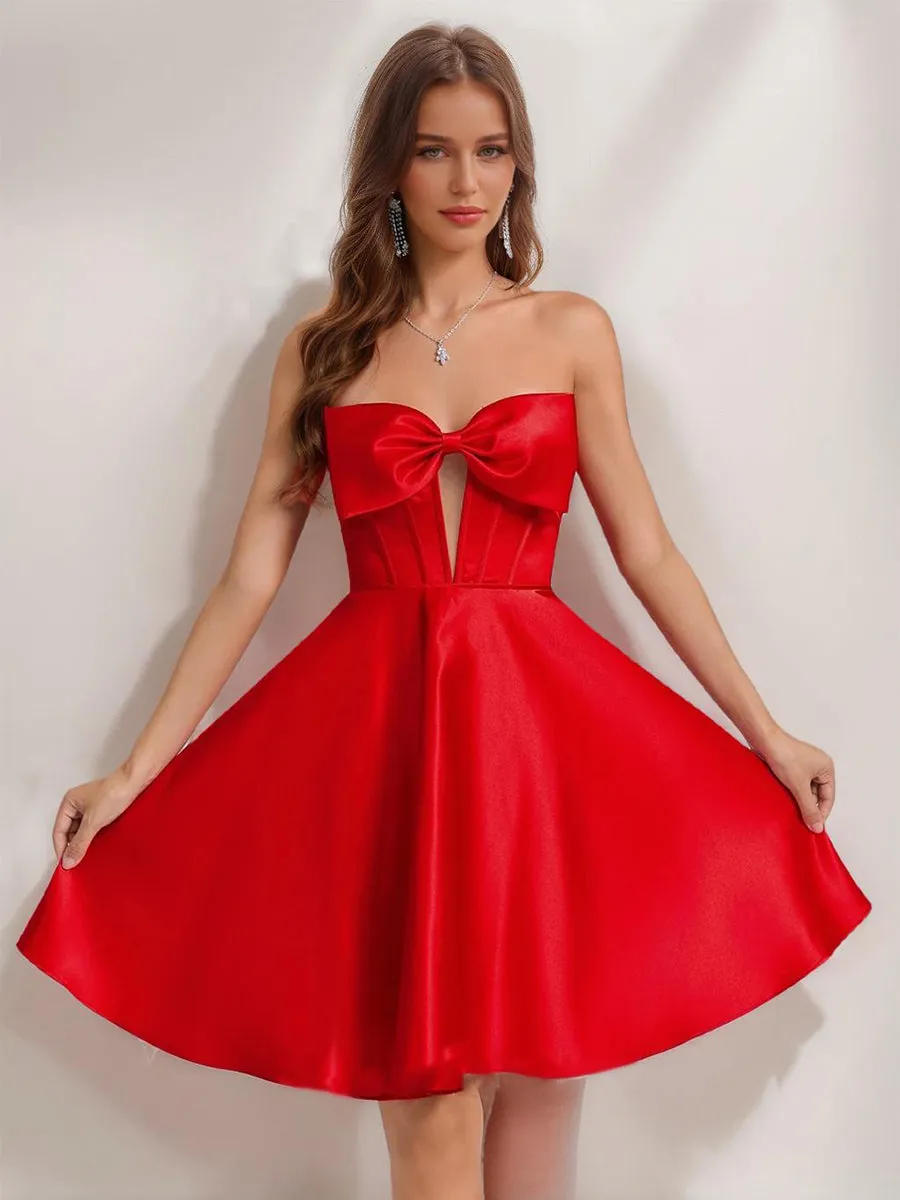 A-Line/Princess Sweetheart Satin Short/Mini Homecoming Dresses with Bow sold by Lavetir product image thumbnail 3