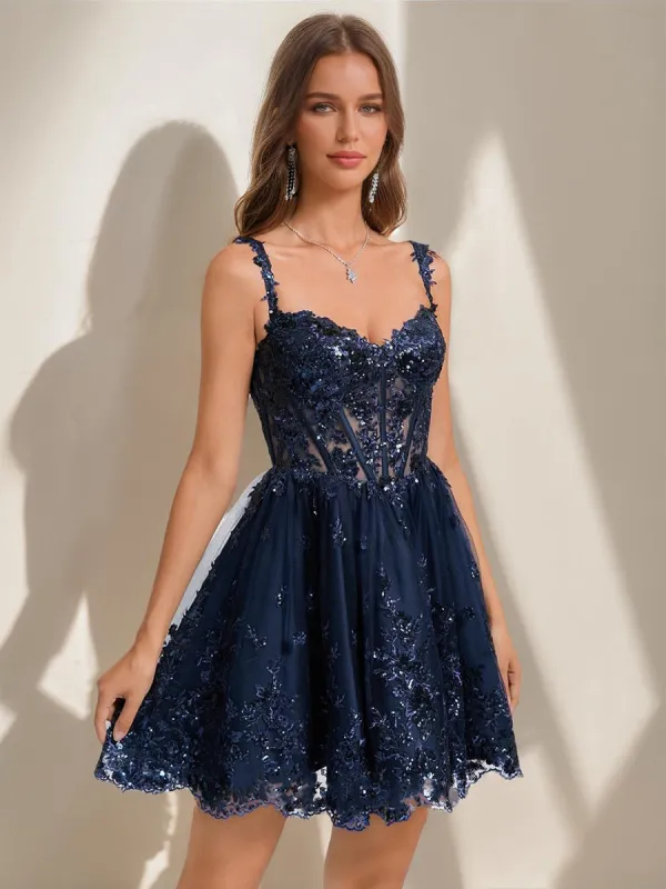 Ball Gown V-Neck Sequins Lace Tulle Short Homecoming Dresses sold by Lavetir