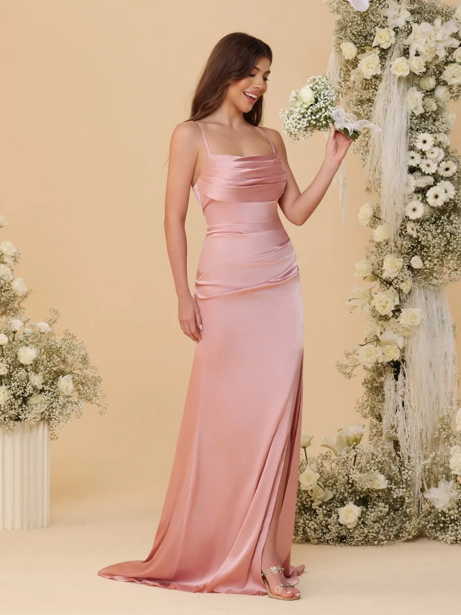 Sheath/Column Spaghetti Straps Sleeveless Ruched Long Bridesmaid Dresses With Side Slit sold by Lavetir product image thumbnail 3