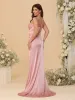 Sheath/Column Spaghetti Straps Sleeveless Ruched Long Bridesmaid Dresses With Side Slit sold by Lavetir