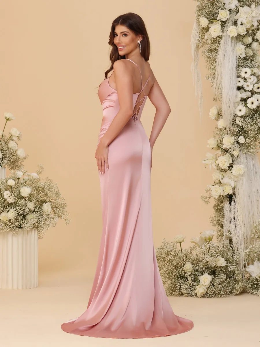Sheath/Column Spaghetti Straps Sleeveless Ruched Long Bridesmaid Dresses With Side Slit sold by Lavetir product image thumbnail 5