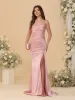 Sheath/Column Spaghetti Straps Sleeveless Ruched Long Bridesmaid Dresses With Side Slit sold by Lavetir