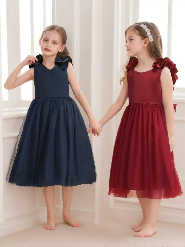 A-Line/Princess V-Neck Tea-Length Sleeveless 3D Floral Flower Girl Dresses With Bow sold by Lavetir