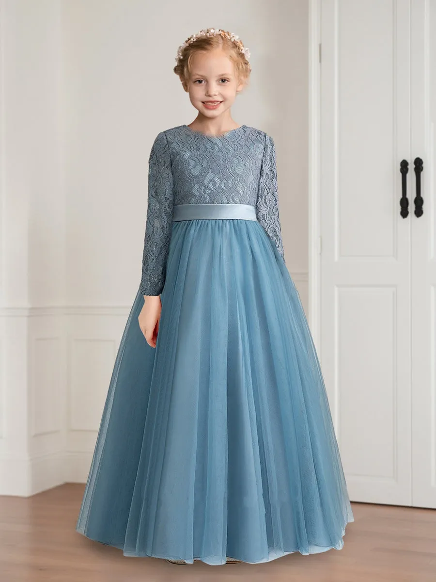 Ball-Gown Scoop Floor-Length Long Sleeves Flower Girl Dresses With Bow sold by Lavetir