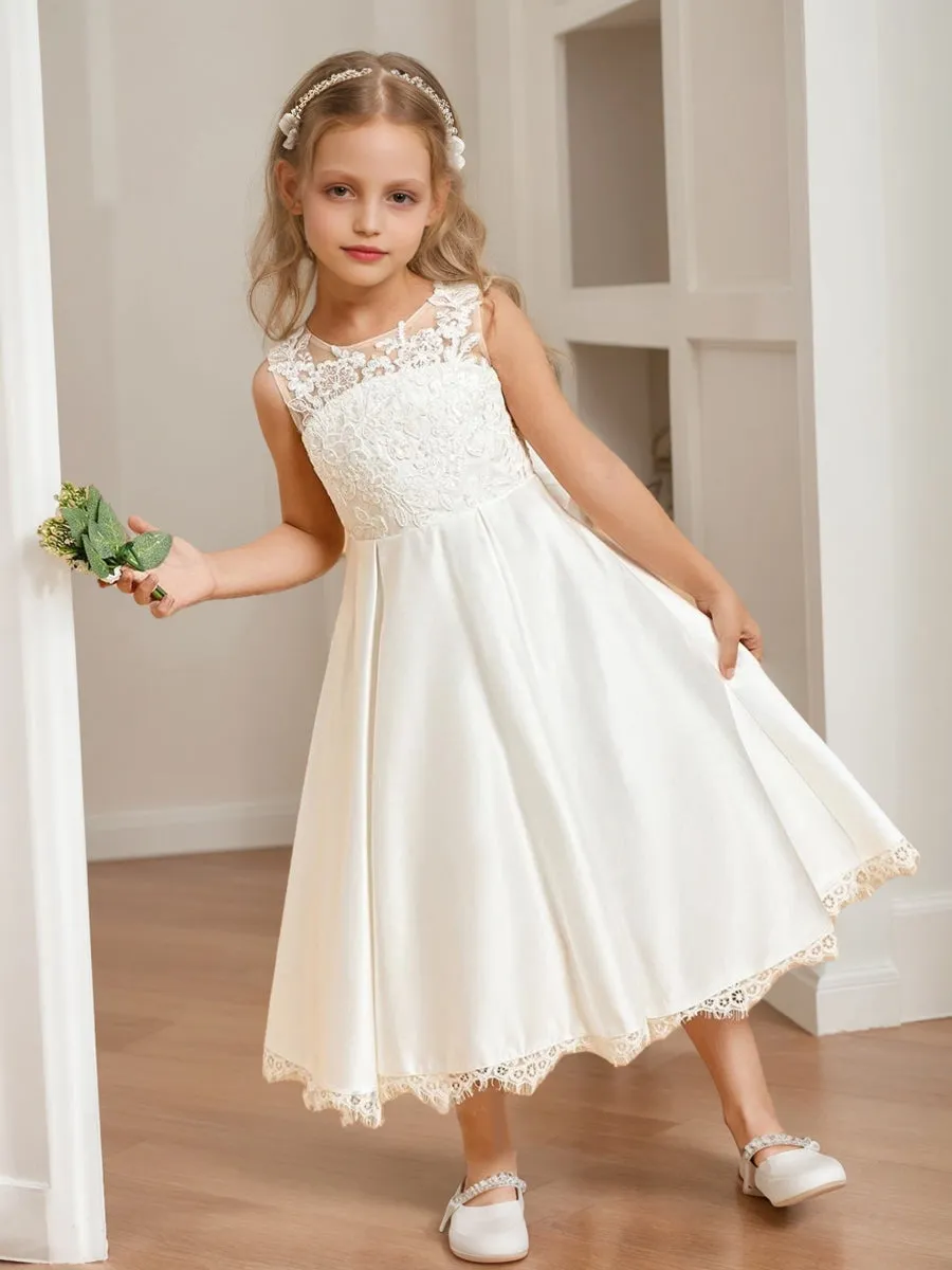Satin A-Line/Princess Scoop Tea-Length Flower Girl Dresses With Bow & Lace sold by Lavetir