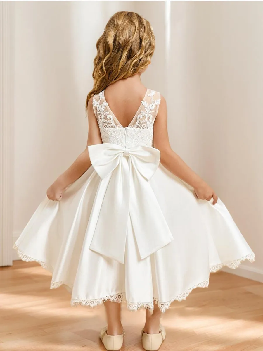 Satin A-Line/Princess Scoop Tea-Length Flower Girl Dresses With Bow & Lace sold by Lavetir product image thumbnail 2