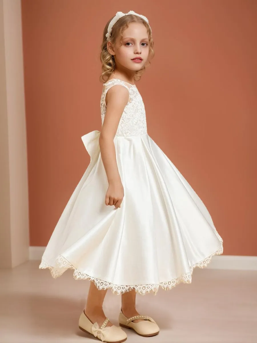 Satin A-Line/Princess Scoop Tea-Length Flower Girl Dresses With Bow & Lace sold by Lavetir product image thumbnail 3