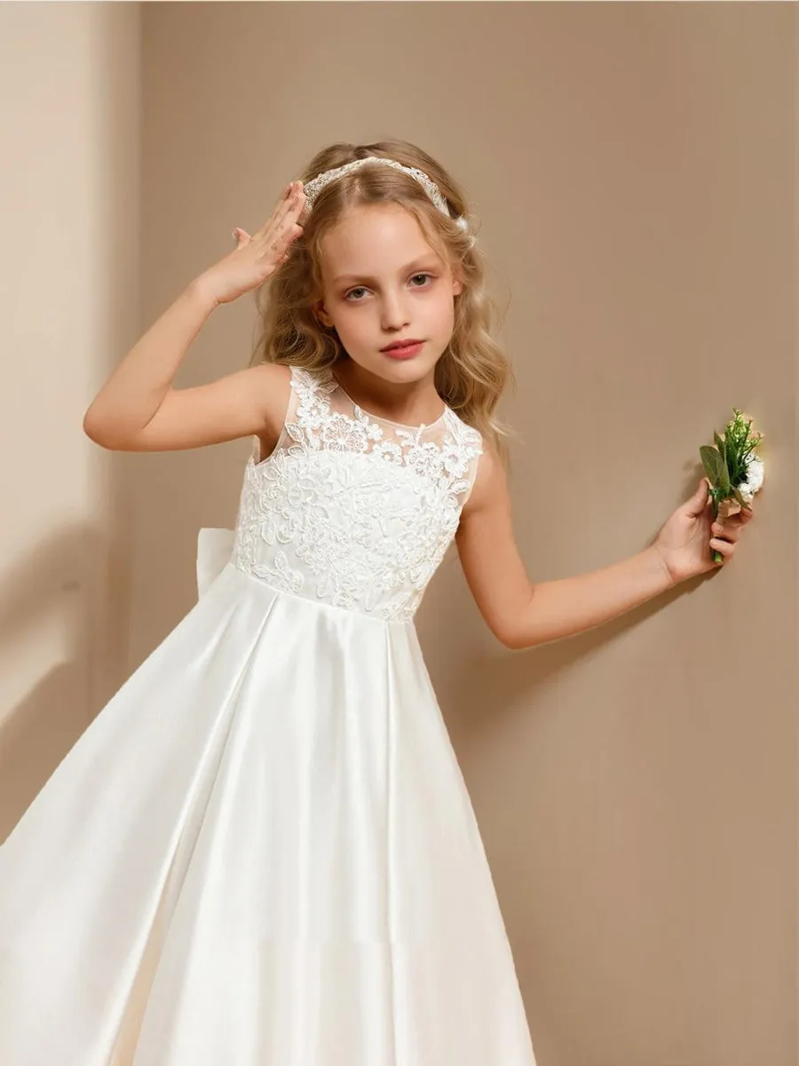Satin A-Line/Princess Scoop Tea-Length Flower Girl Dresses With Bow & Lace sold by Lavetir product image thumbnail 4