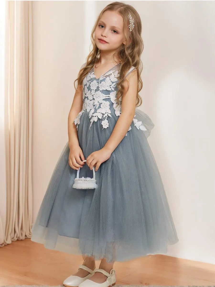 A-Line/Princess V-Neck Sleeveless Tea-Length Flower Girl Dresses With Applique & Bow sold by Lavetir product image thumbnail 4