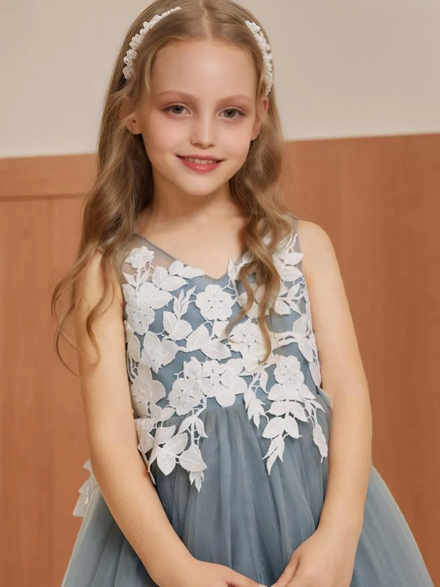 A-Line/Princess V-Neck Sleeveless Tea-Length Flower Girl Dresses With Applique & Bow sold by Lavetir product image thumbnail 3
