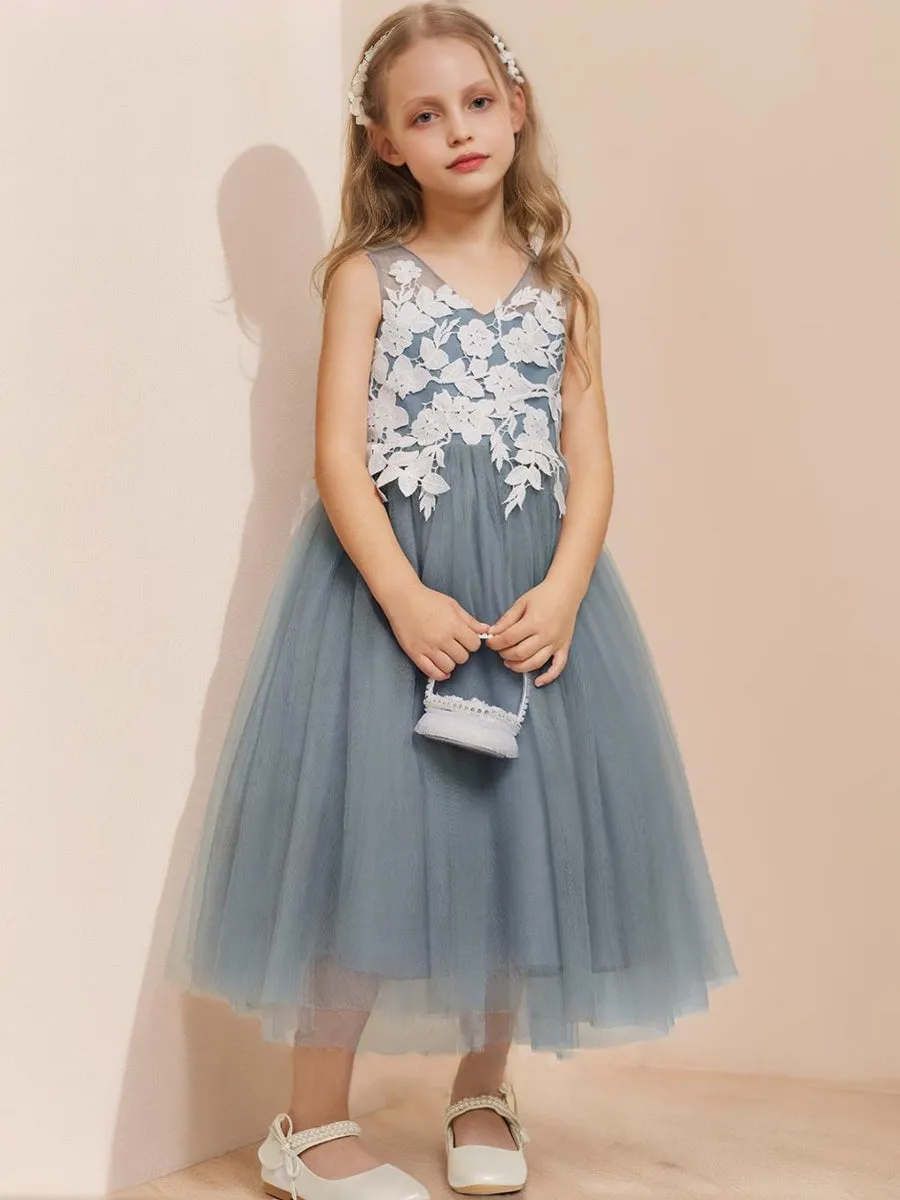 A-Line/Princess V-Neck Sleeveless Tea-Length Flower Girl Dresses With Applique & Bow sold by Lavetir