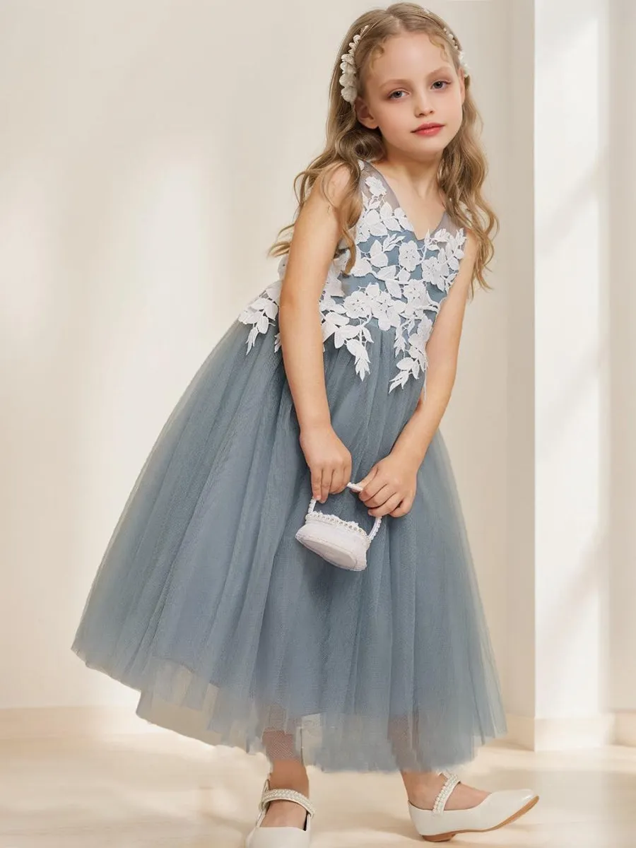 A-Line/Princess V-Neck Sleeveless Tea-Length Flower Girl Dresses With Applique & Bow sold by Lavetir product image thumbnail 2