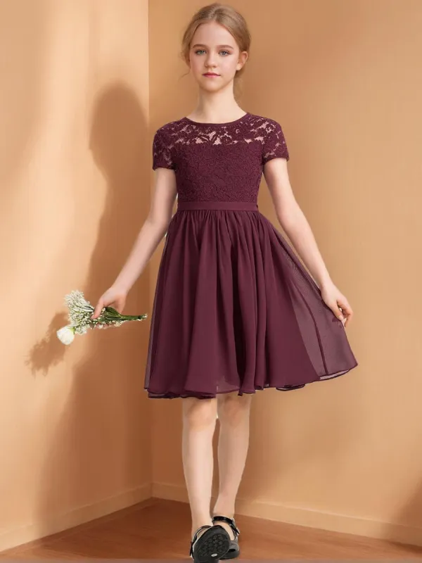 A-Line/Princess Scoop Short Sleeves Knee-Length Ruched Junior Bridesmaid Dresses sold by Lavetir
