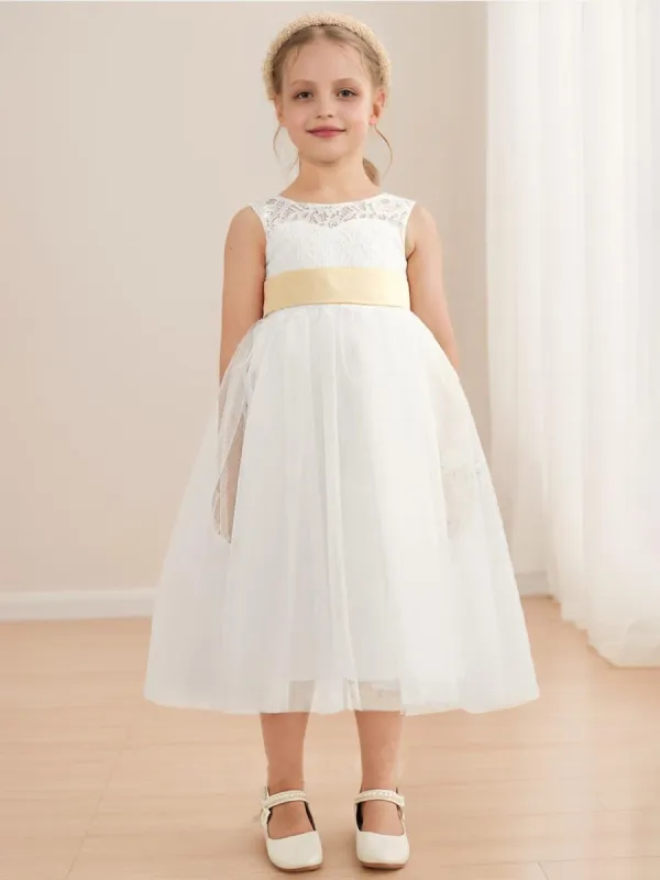 A-Line/Princess Scoop Tea-Length Sleeveless Tulle  Flower Girl Dresses With Sash sold by Lavetir