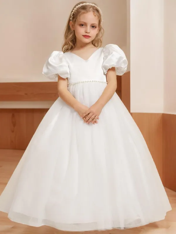 Ball-Gown/Princess V-Neck Floor-Length Short Puff Sleeves Flower Girl Dresses With Beading sold by Lavetir