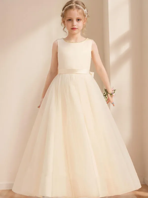 Ball-Gown Scoop Floor-Length Sleeveless Flower Girl Dresses With Beading & Bow sold by Lavetir