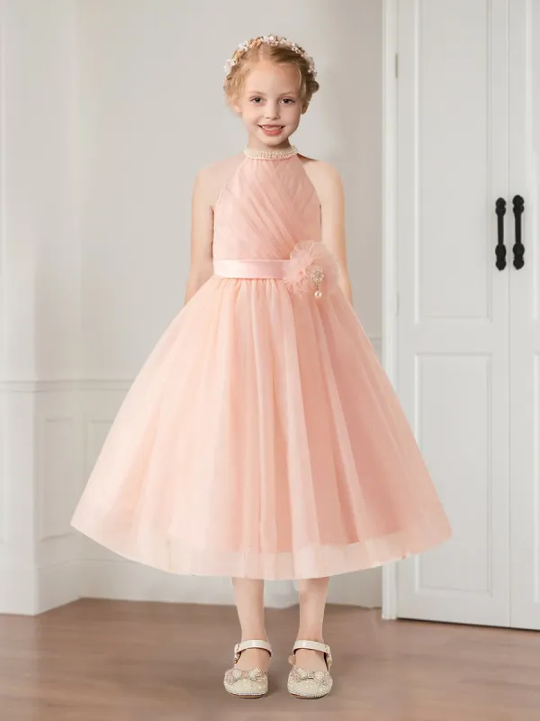 Tulle A-Line Halter Knee-Length Sleeveless Flower Girl Dresses with Beading Bow sold by Lavetir