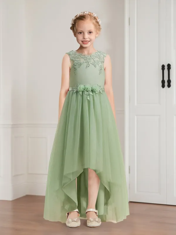 A-Line/Princess Tulle Sleeveless Floor-Length Flower Girl Dresses with Applique & Sash sold by Lavetir