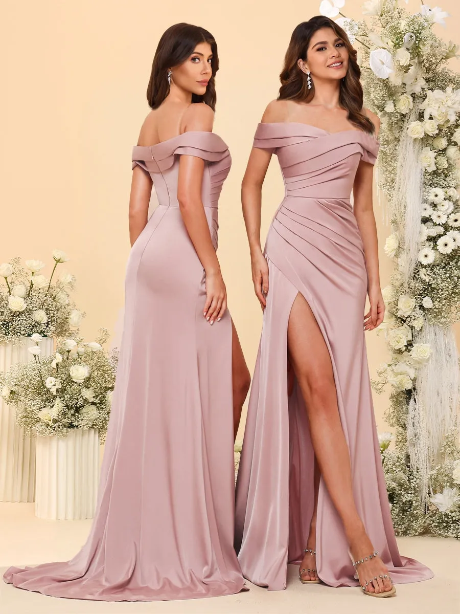 Sheath/Column Off-the-Shoulder Long Formal Dresses with Split Side & Ruched sold by Lavetir product image thumbnail 2