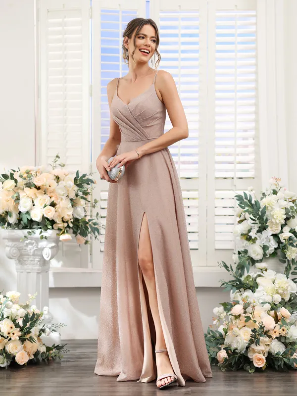 A-Line V-Neck Metallic Lurex Long Prom Dresses with Spaghetti Straps sold by Lavetir