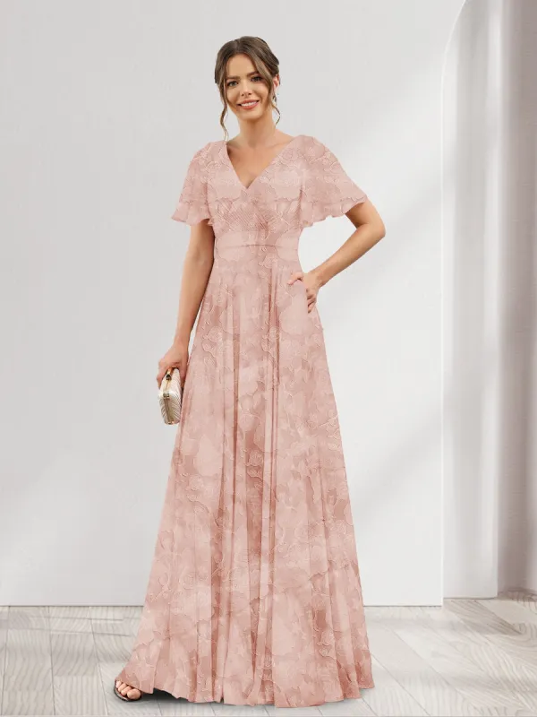 A-Line V-Neck Short Sleeves Floral Bridesmaid Dresses with Pockets sold by Lavetir