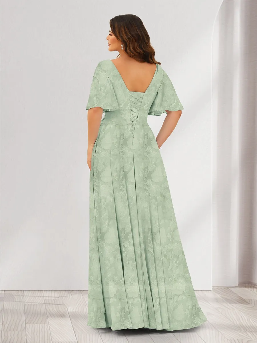 A-Line V-Neck Half Sleeves Split Side Floral Bridesmaid Dresses With Pockets sold by Lavetir product image thumbnail 2