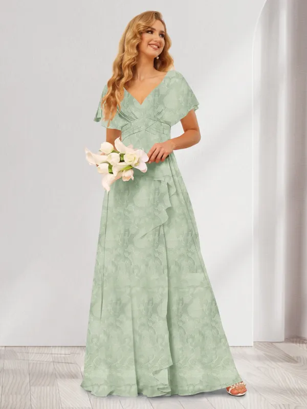A-Line/Princess V-Neck Long Floral Bridesmaid Dresses with Ruffles sold by Lavetir