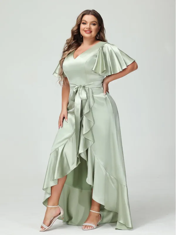 Sheath/Column V-Neck Short Sleeves Ruffles Asymmetrical Plus Size Dresses with Pockets & Sash sold by Lavetir