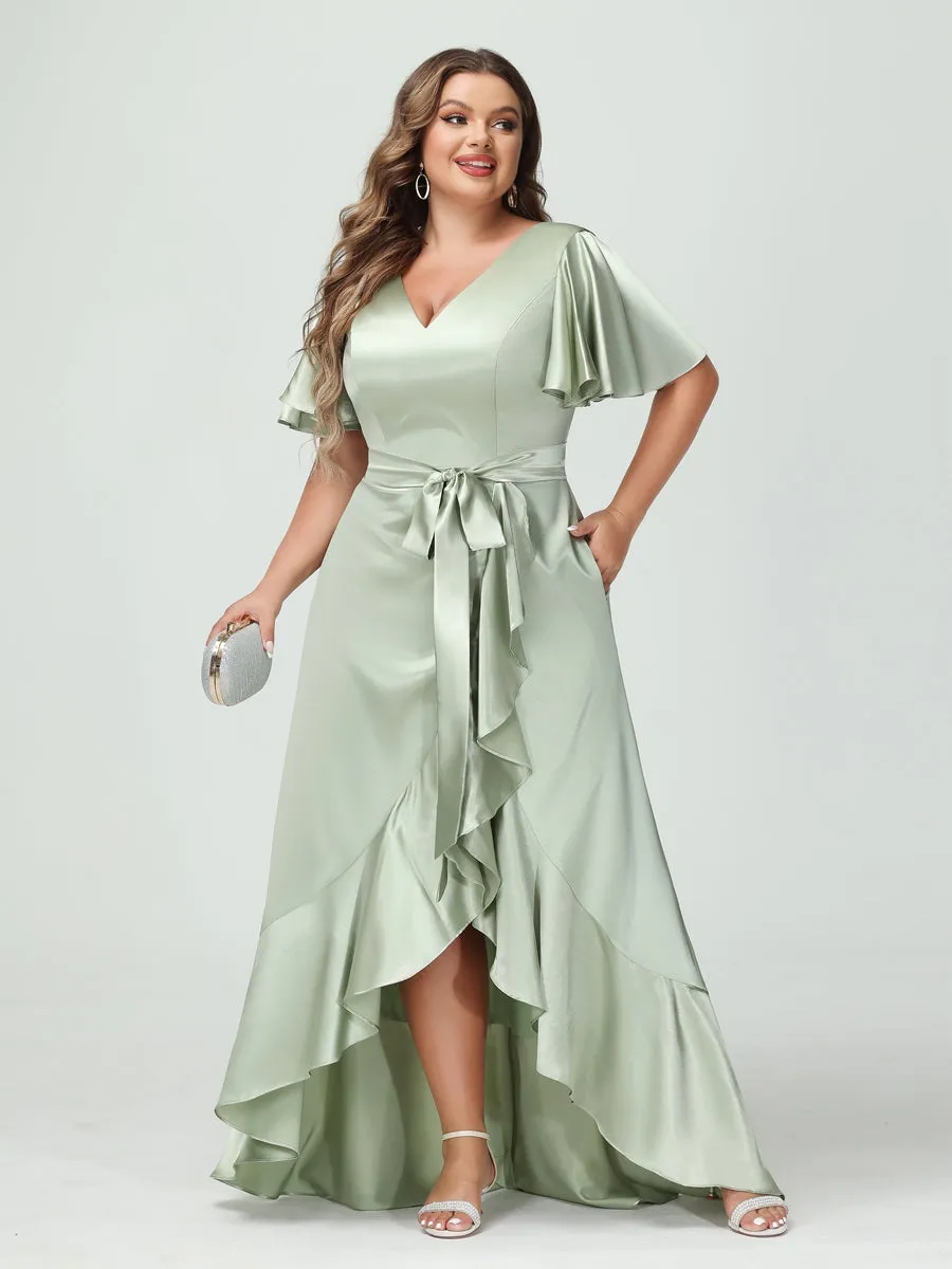 Sheath/Column V-Neck Short Sleeves Ruffles Asymmetrical Plus Size Dresses with Pockets & Sash sold by Lavetir product image thumbnail 5