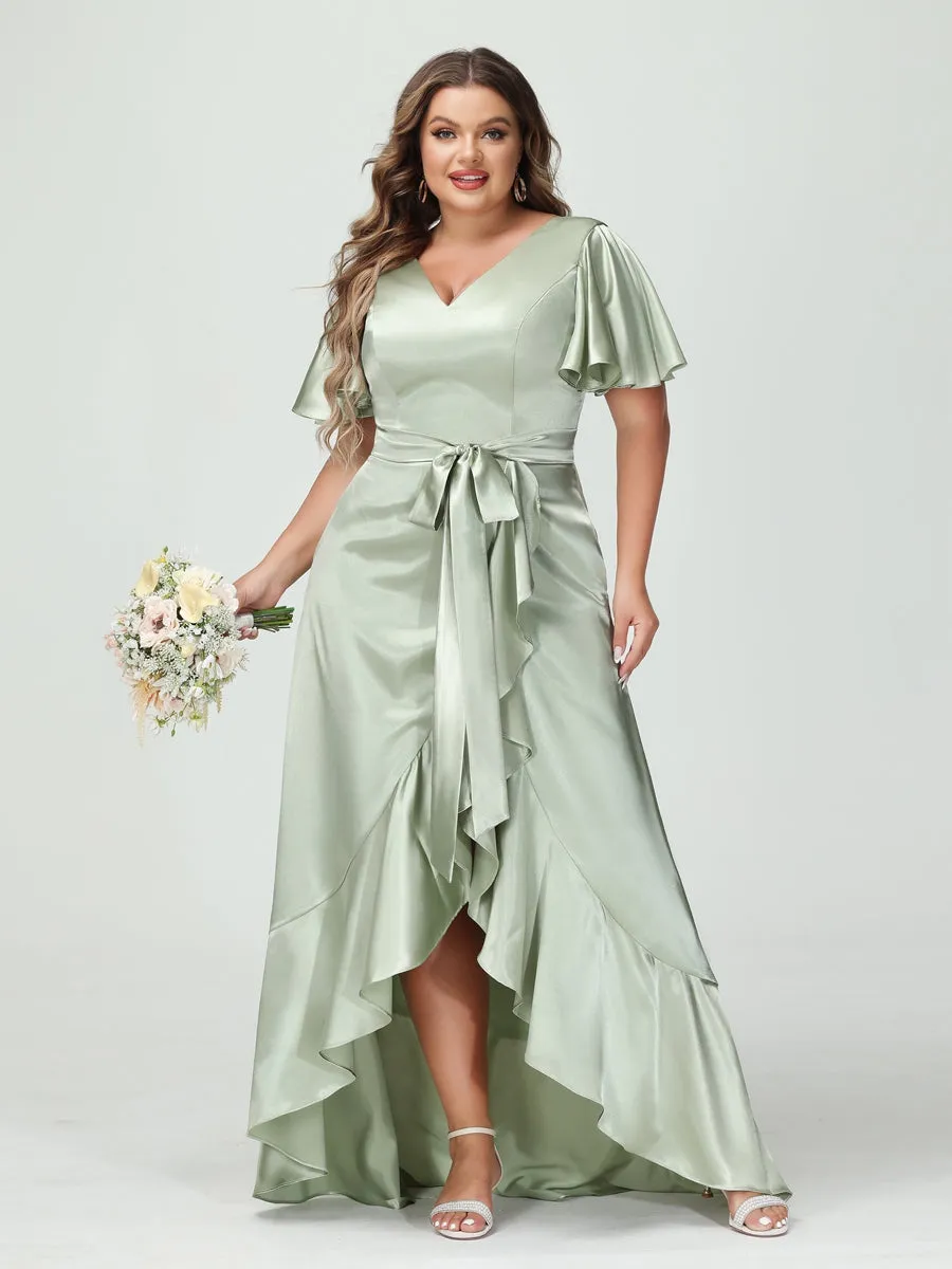 Sheath/Column V-Neck Short Sleeves Ruffles Asymmetrical Plus Size Dresses with Pockets & Sash sold by Lavetir product image thumbnail 3