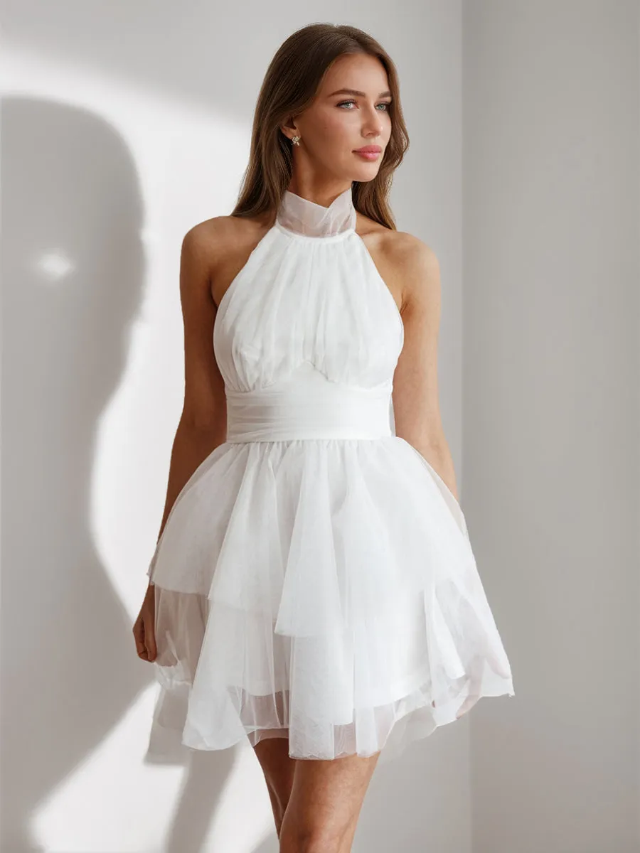 A-Line/Princess Halter Tulle Short/Mini Simple Homecoming Dresses with Pleats sold by Lavetir
