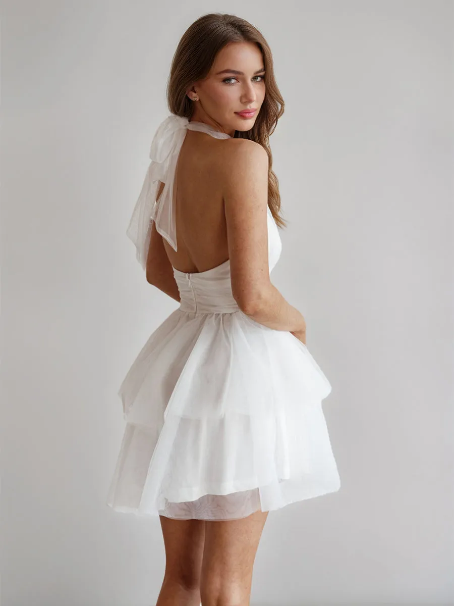 A-Line/Princess Halter Tulle Short/Mini Simple Homecoming Dresses with Pleats sold by Lavetir product image thumbnail 2
