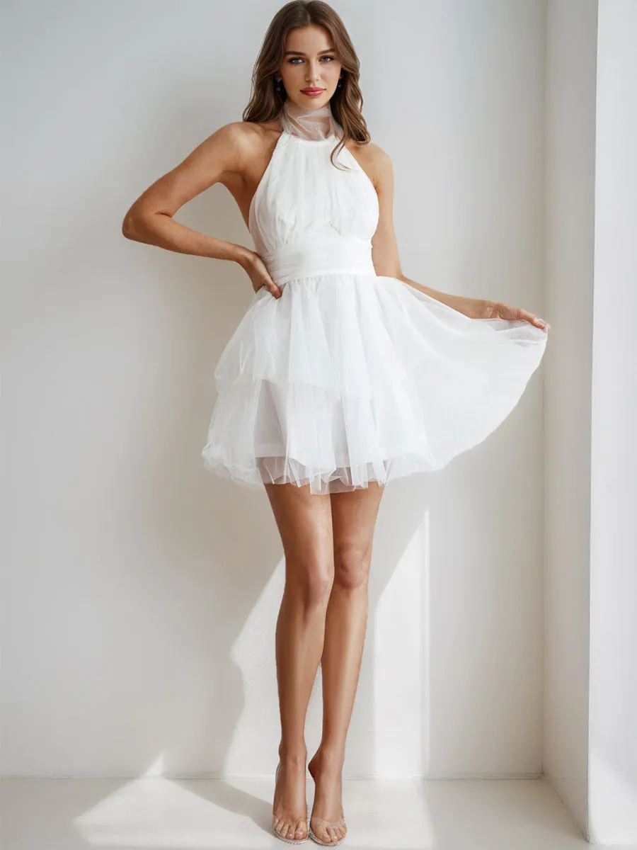 A-Line/Princess Halter Tulle Short/Mini Simple Homecoming Dresses with Pleats sold by Lavetir product image thumbnail 3