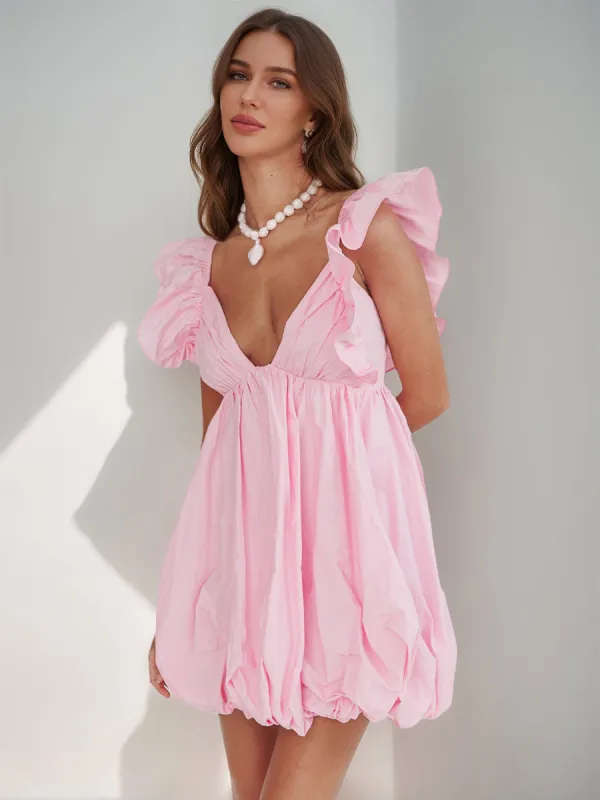 Ball Gown V-Neck Puff Sleeves Short/Mini Pleated Homecoming Dresses with Ruffles sold by Lavetir