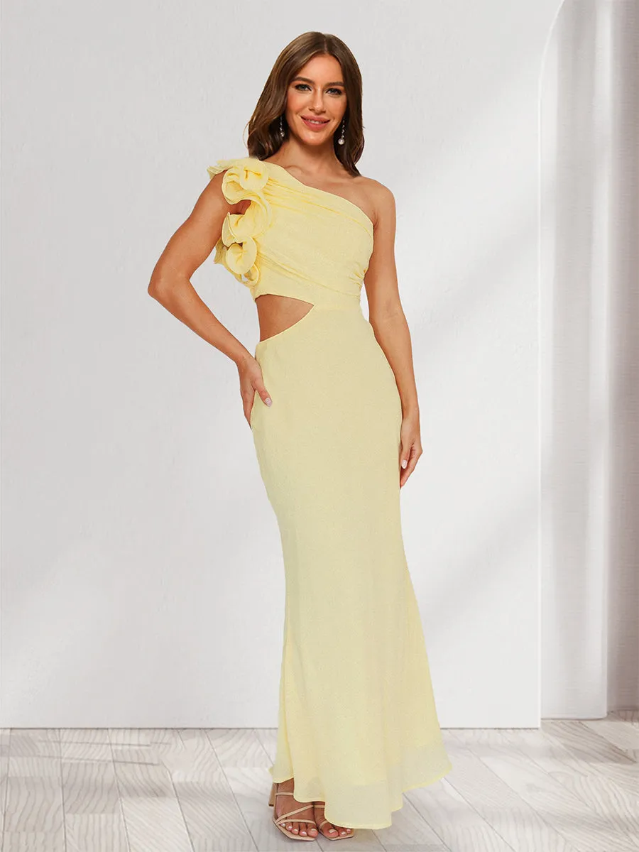 Trumpet/Mermaid One-Shoulder Long Ruched Wedding Guest Dresses with Ruffles & Flower sold by Lavetir