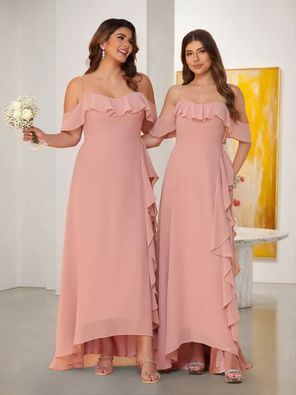 A-Line/Princess Off-the-Shoulder Spaghetti Straps Sleeveless Bridesmaid Dresses with Ruffles sold by Lavetir