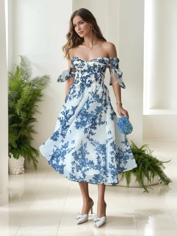 A-Line/Princess Off-the-Shoulder Sleeveless Tea-Length Floral Prom Dresses sold by Lavetir
