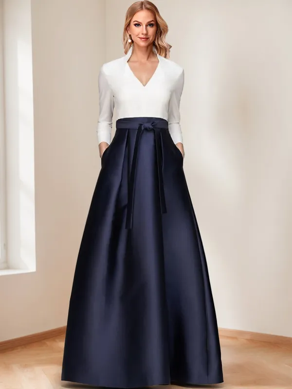 Elegant A-Line/Princess V-Neck Long Sleeves Floor Length Mother of the Bride Dresses with Pockets & Bow sold by Lavetir