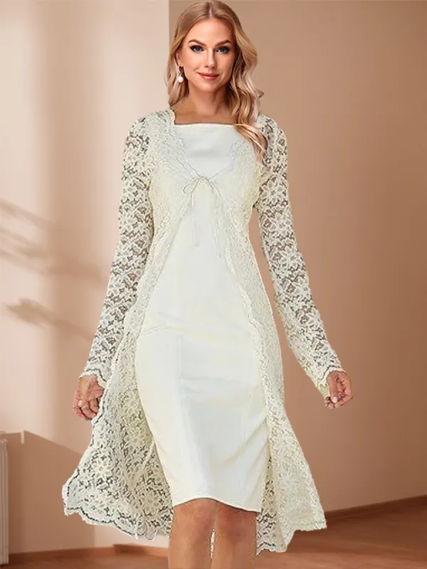 Two Piece Sheath/Column Square-Neck Long Sleeves Knee-Length Mother of the Bride Dresses with Lace sold by Lavetir