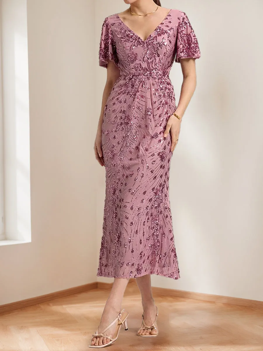 Trumpet/Mermaid V-Neck Short Ruffle Sleeves Ankle-Length Mother of the Bride Dresses with Appliques sold by Lavetir product image thumbnail 4